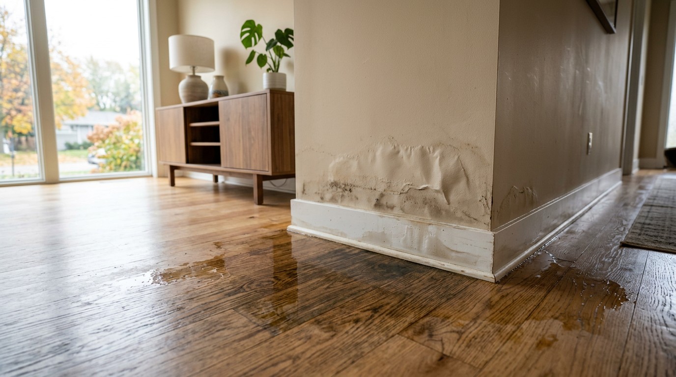 Water damage on a wall with peeling paint and warped baseboard in a living room. Pooled water is visible on the hardwood floor near a window and wooden sideboard with plants.