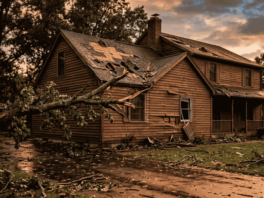 A damaged wooden house with a fallen tree on the roof, broken windows, and scattered debris in the yard after a storm at sunset.