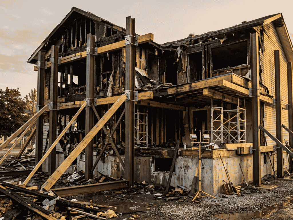 A two-story house with severe fire damage is supported by wooden beams and braces. The structure is charred, with missing walls and debris scattered around the site. The scene appears to be under investigation or repair.