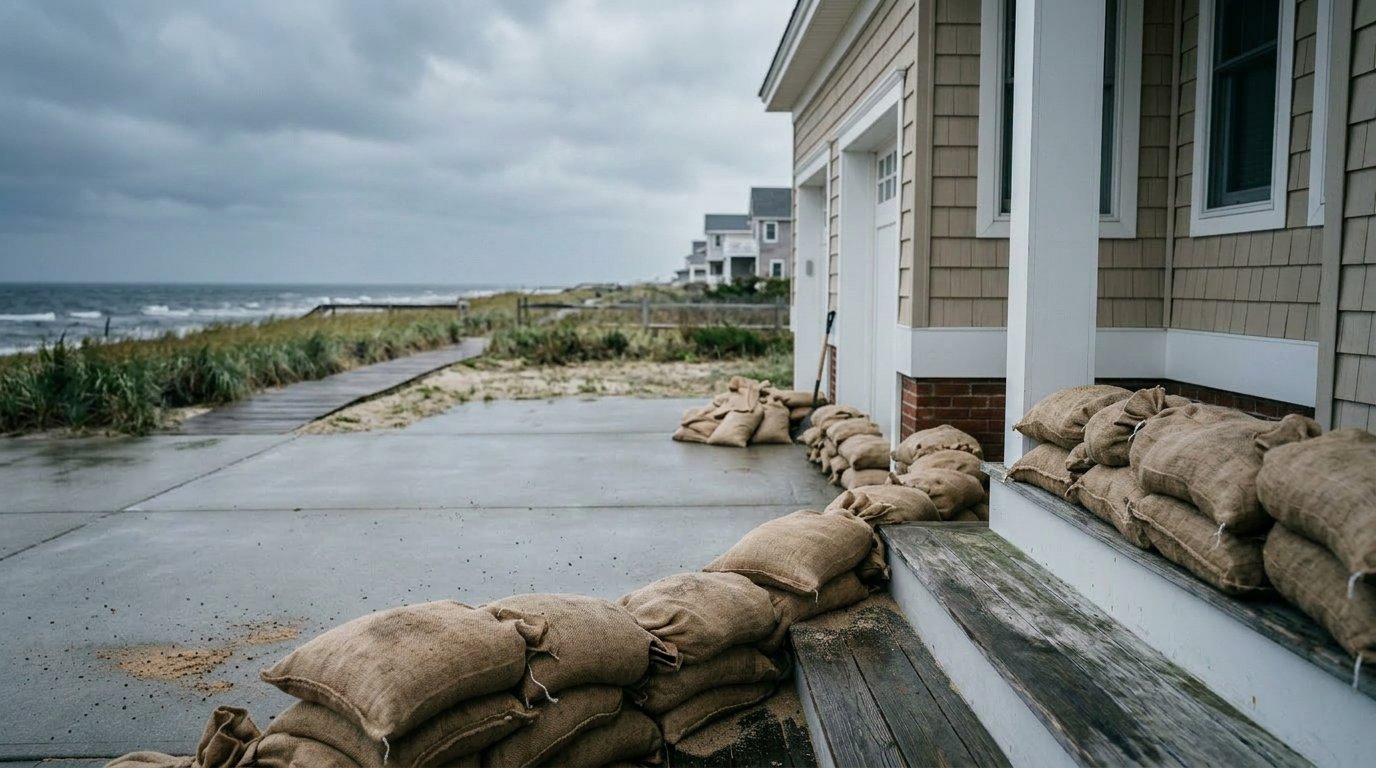 Sandbags line the exterior of a coastal house to protect against flooding, with overcast skies and rough ocean waves in the background; several similar houses are visible along the shoreline.